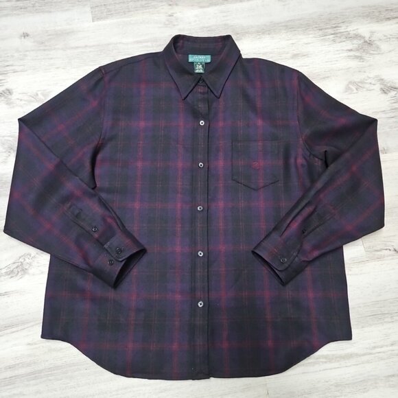 Ralph Lauren Wool Flannel Shirt Womens Sz XL Purple Red Shadow Plaid Long Sleeve - Picture 4 of 10